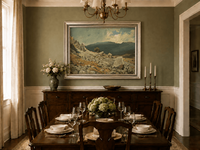 Framed hand-painted alpine oil painting with a rocky slope and distant mountain peaks displayed above a formal dining table.