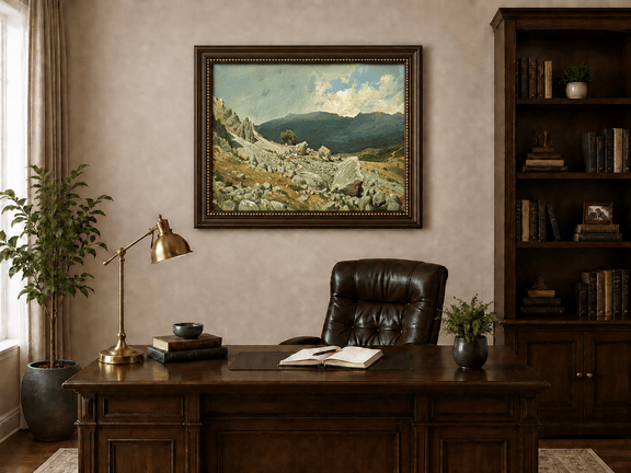 Framed hand-painted alpine oil painting with a rocky slope and distant mountain peaks displayed above a traditional home office desk.