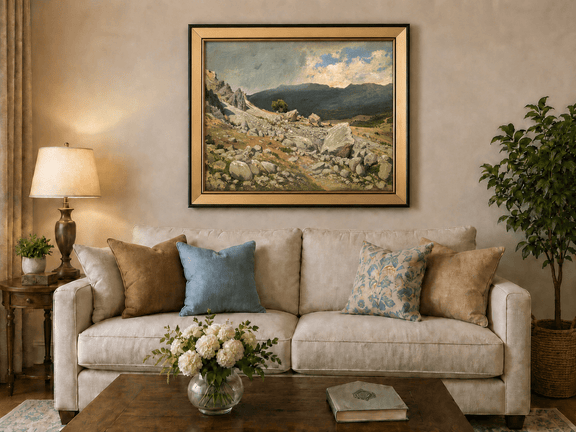 Framed hand-painted alpine oil painting with a rocky slope and distant mountain peaks displayed above a neutral living room sofa.