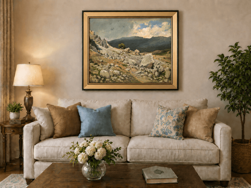 Framed hand-painted alpine oil painting with a rocky slope and distant mountain peaks displayed above a neutral living room sofa.