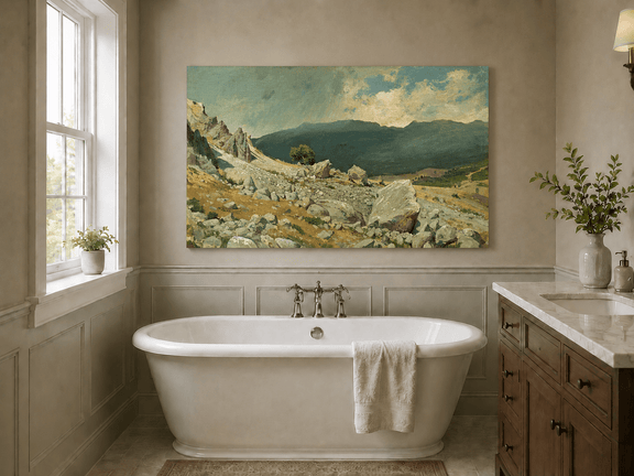 Unframed hand-painted alpine oil painting with a rocky slope and distant mountain peaks displayed above a freestanding bathtub.