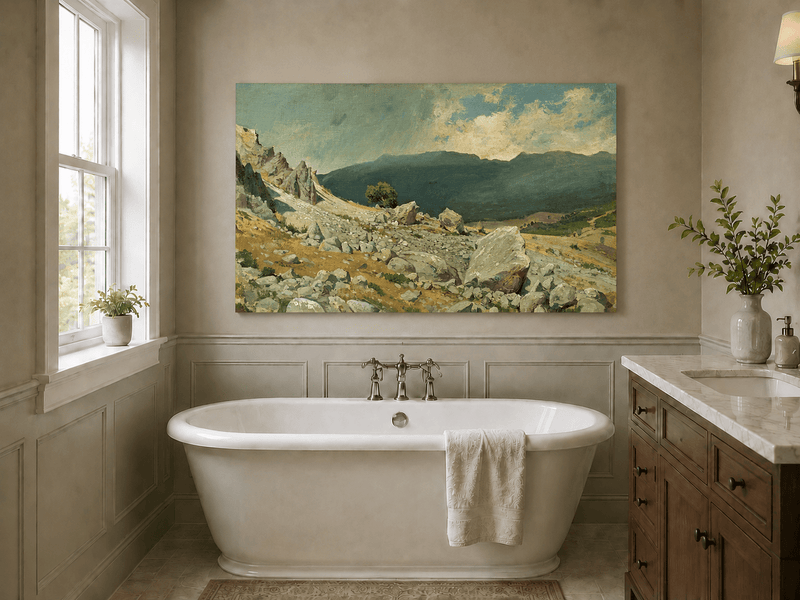 Unframed hand-painted alpine oil painting with a rocky slope and distant mountain peaks displayed above a freestanding bathtub.