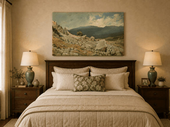 Unframed hand-painted alpine oil painting with a rocky slope and distant mountain peaks displayed above a wooden bed in a neutral bedroom.