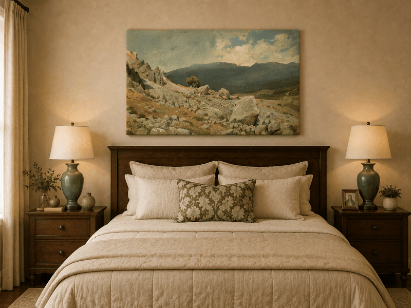 Unframed hand-painted alpine oil painting with a rocky slope and distant mountain peaks displayed above a wooden bed in a neutral bedroom.