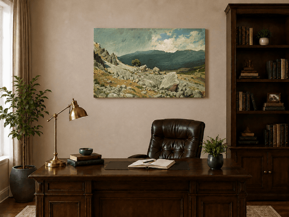 Unframed hand-painted alpine oil painting with a rocky slope and distant mountain peaks displayed above a traditional home office desk.