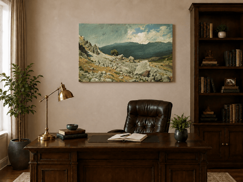 Unframed hand-painted alpine oil painting with a rocky slope and distant mountain peaks displayed above a traditional home office desk.