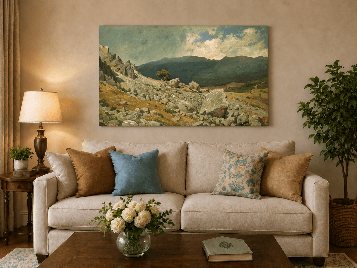 Unframed hand-painted alpine oil painting with a rocky slope and distant mountain peaks displayed above a neutral living room sofa.