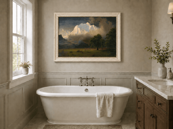 Framed hand-painted Rocky Mountains oil painting of Lander's Peak above a dramatic valley displayed above a freestanding bathtub.