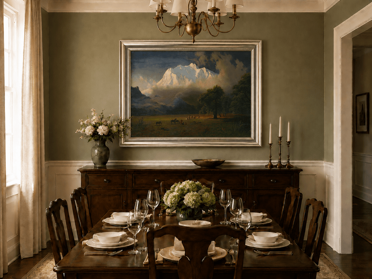 Framed hand-painted Rocky Mountains oil painting of Lander's Peak above a dramatic valley displayed above a formal dining table.