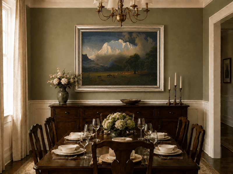 Framed hand-painted Rocky Mountains oil painting of Lander's Peak above a dramatic valley displayed above a formal dining table.