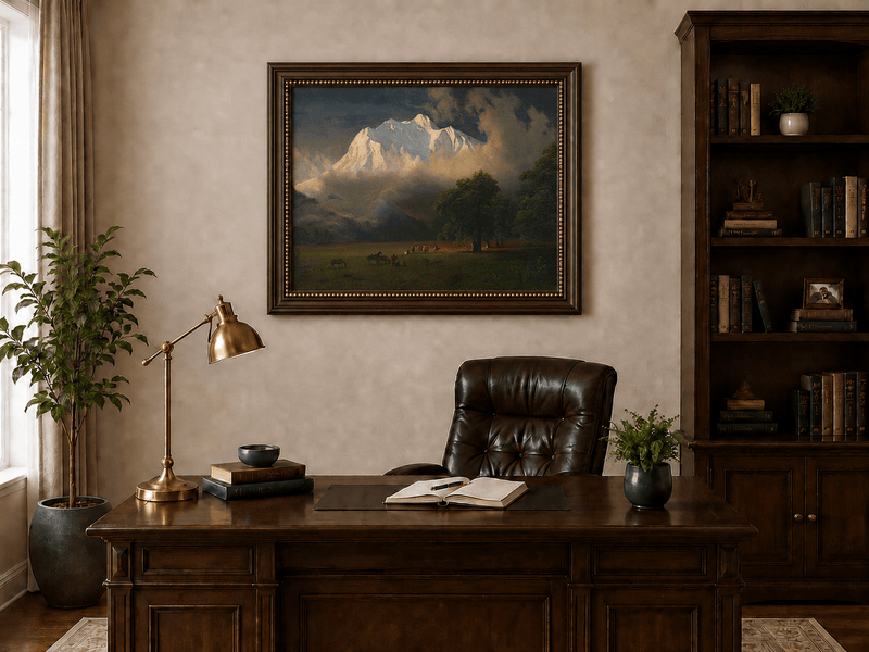 Framed hand-painted Rocky Mountains oil painting of Lander's Peak above a dramatic valley displayed above a traditional home office desk.