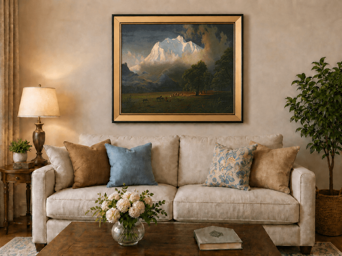 Framed hand-painted Rocky Mountains oil painting of Lander's Peak above a dramatic valley displayed above a neutral living room sofa.