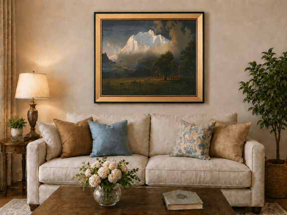 Framed hand-painted Rocky Mountains oil painting of Lander's Peak above a dramatic valley displayed above a neutral living room sofa.