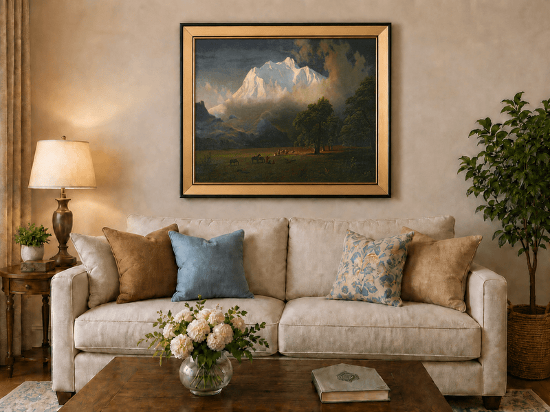 Framed hand-painted Rocky Mountains oil painting of Lander's Peak above a dramatic valley displayed above a neutral living room sofa.