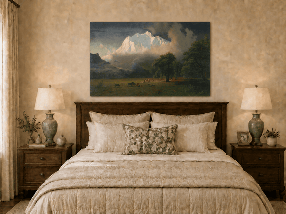 Unframed hand-painted Rocky Mountains oil painting of Lander's Peak above a dramatic valley displayed above a wooden bed in a neutral bedroom.