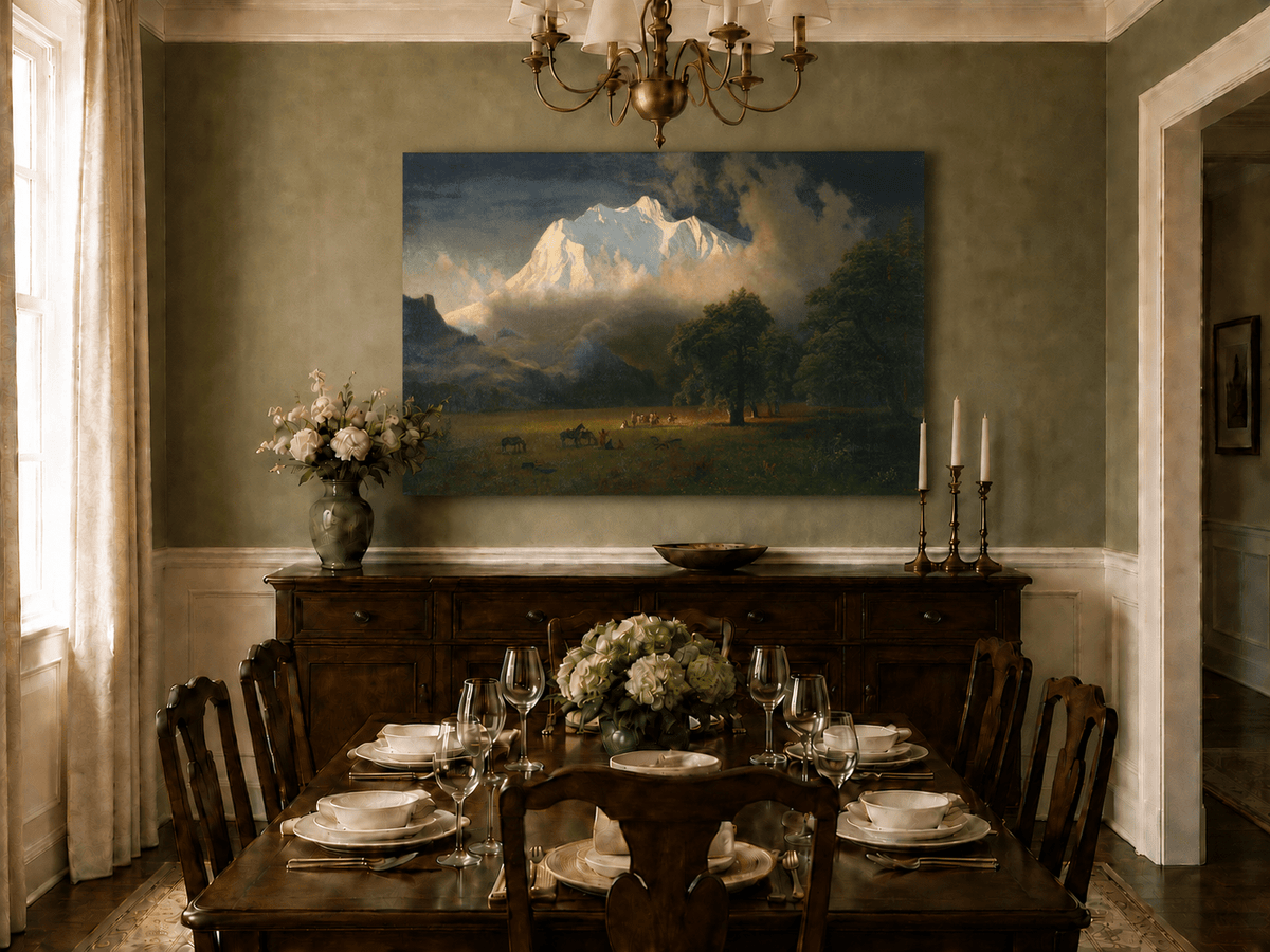 Unframed hand-painted Rocky Mountains oil painting of Lander's Peak above a dramatic valley displayed above a formal dining table.
