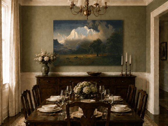 Unframed hand-painted Rocky Mountains oil painting of Lander's Peak above a dramatic valley displayed above a formal dining table.
