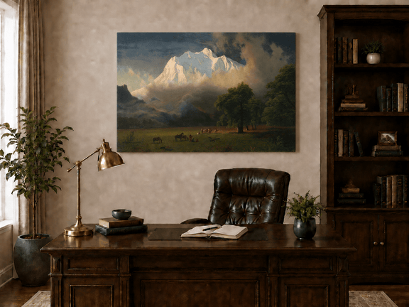 Unframed hand-painted Rocky Mountains oil painting of Lander's Peak above a dramatic valley displayed above a traditional home office desk.