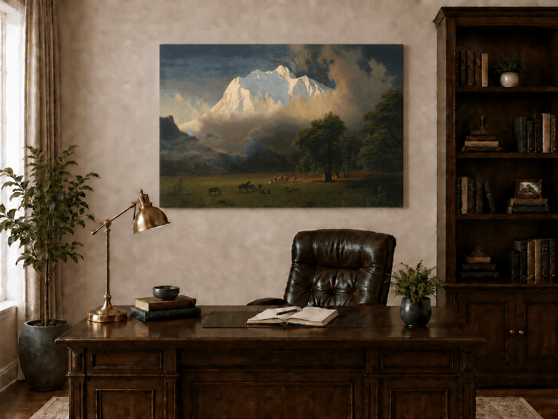 Unframed hand-painted Rocky Mountains oil painting of Lander's Peak above a dramatic valley displayed above a traditional home office desk.