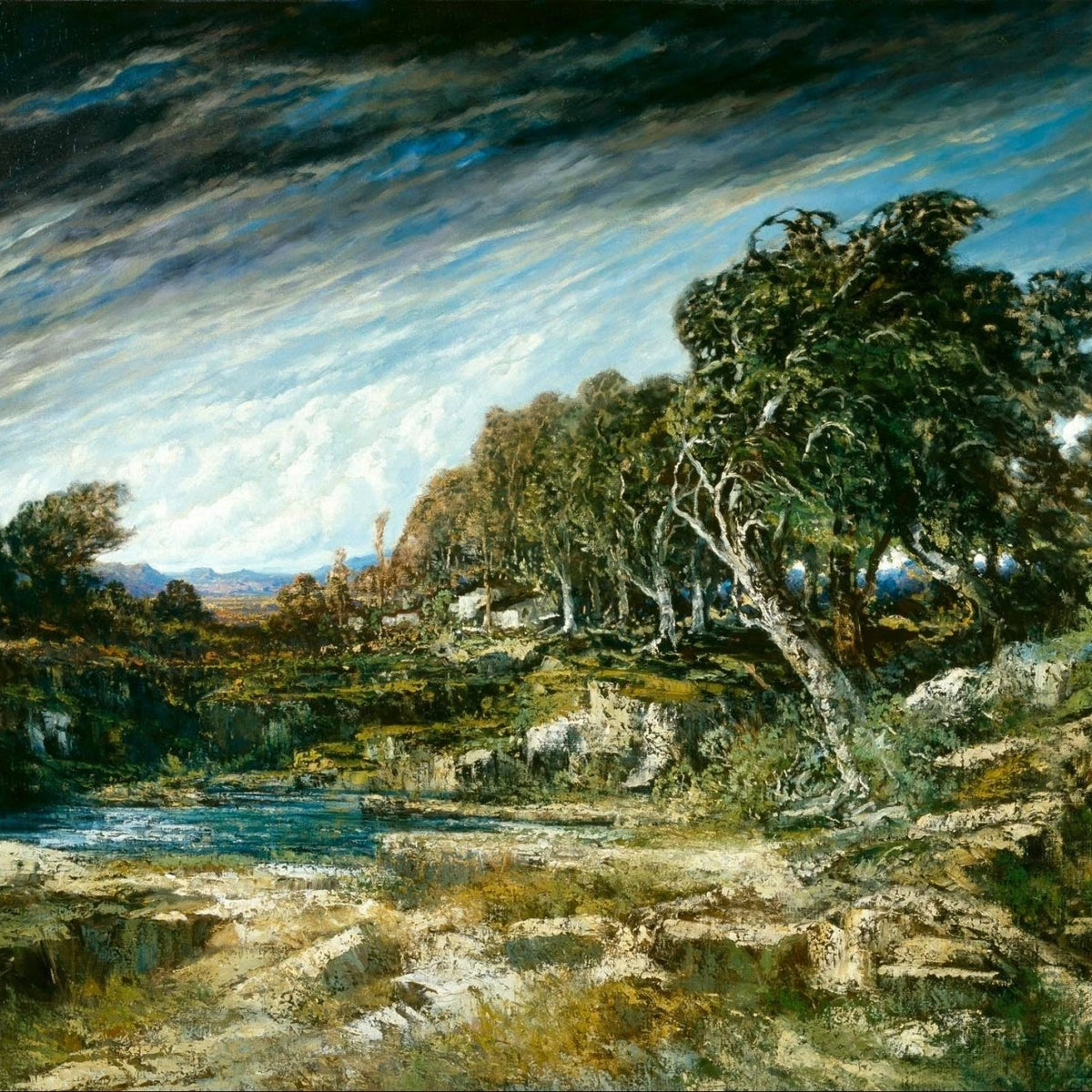 Rocky River Landscape with Windblown Trees - Landscape Oil Painting - Oil Painting Haven
