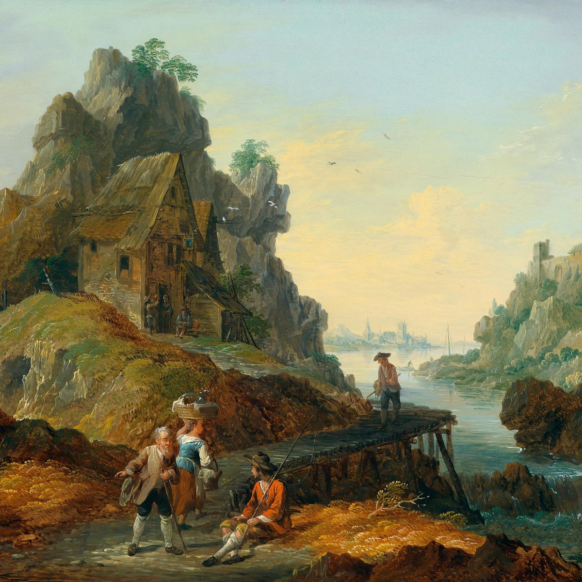 Rocky River Passage with Figures and Cottage – Landscape Oil Painting - Oil Painting Haven