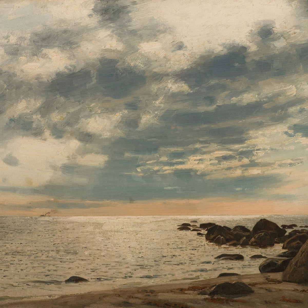 Hand-painted rocky seashore under dramatic clouds landscape oil painting on canvas