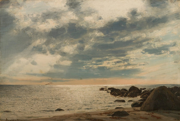 Hand-painted rocky seashore under dramatic clouds landscape oil painting on canvas