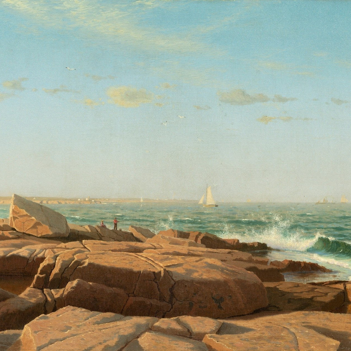Hand-painted rocky seashore with sailing boats landscape oil painting on canvas