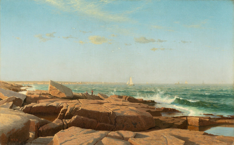 Hand-painted rocky seashore with sailing boats landscape oil painting on canvas