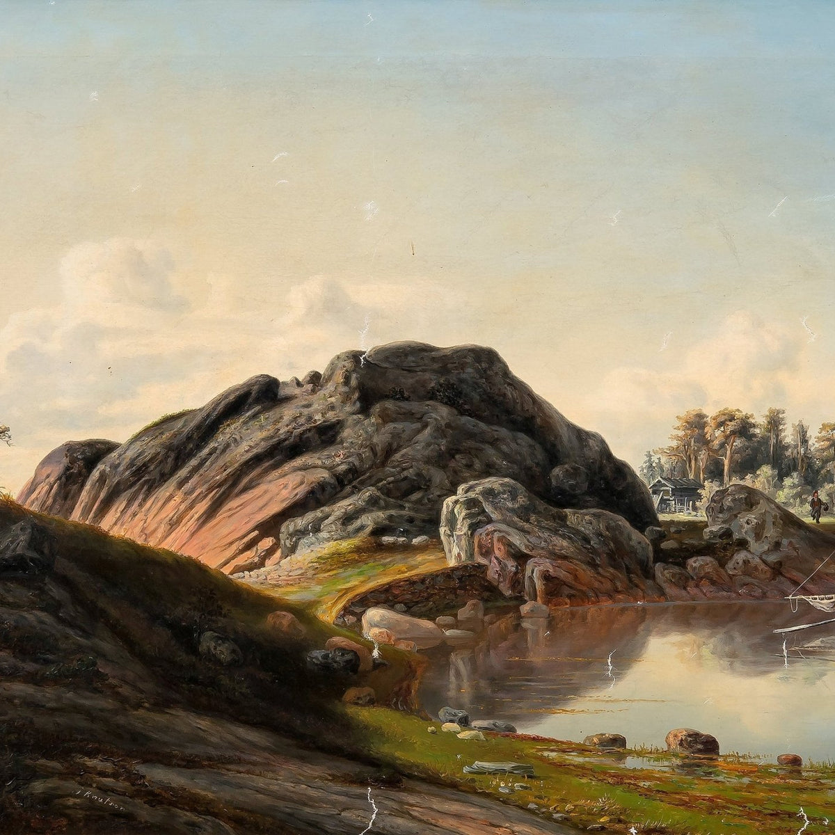 Rocky Shore with Boat on Calm Water – Landscape Oil Painting - Oil Painting Haven