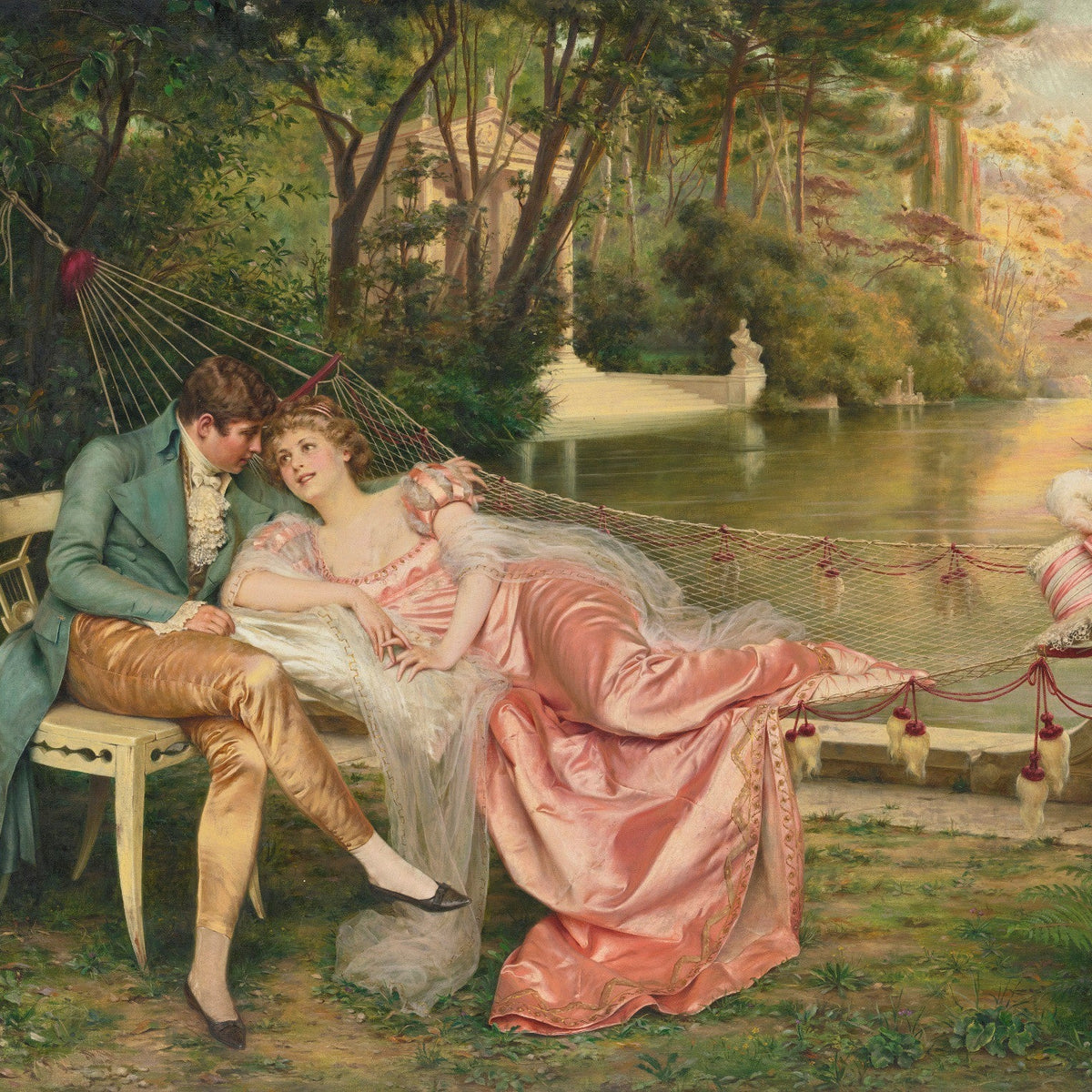 Romantic Couple Resting by Garden Lake - People Oil Painting - Oil Painting Haven