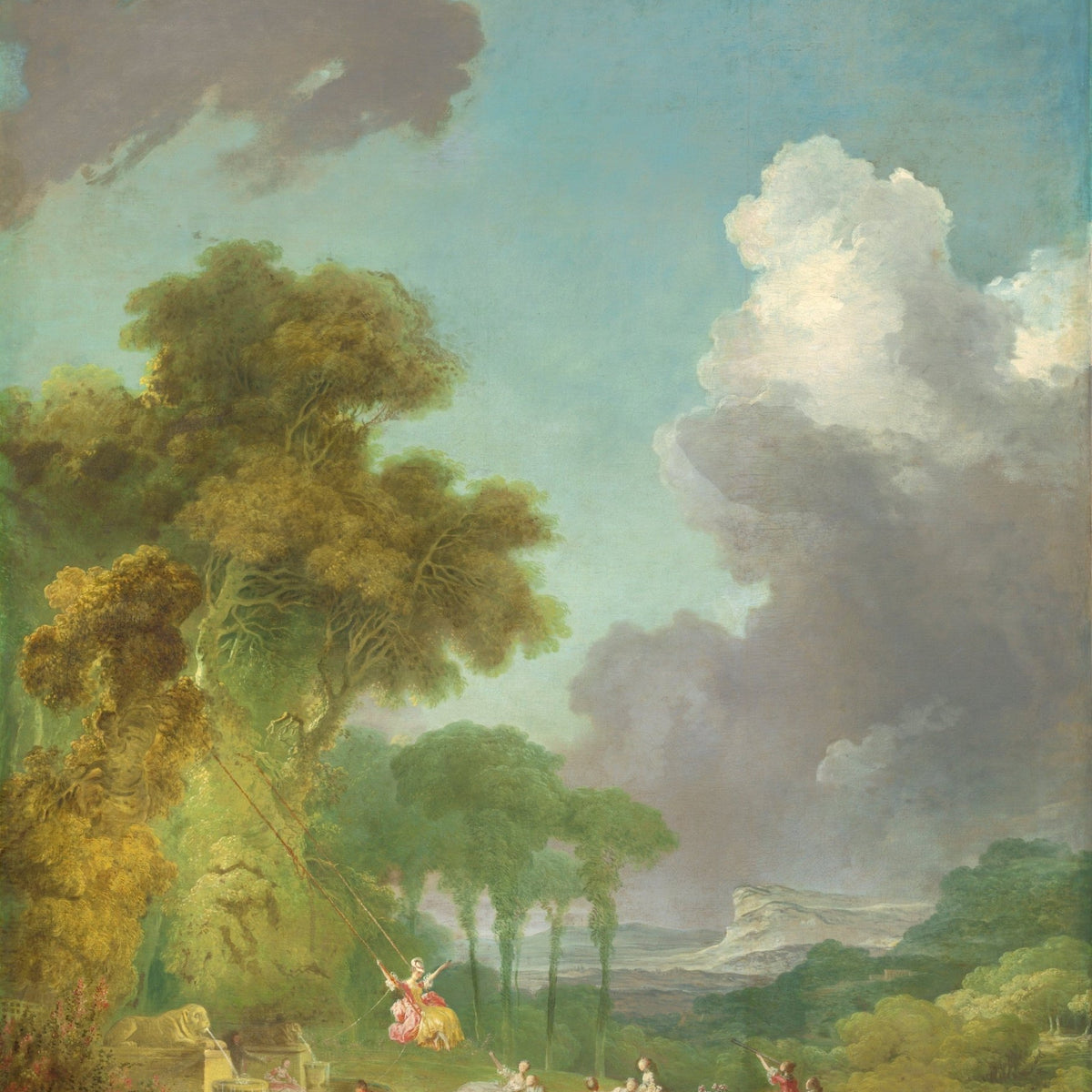 Hand-painted romantic garden landscape with figures and swing oil painting on canvas