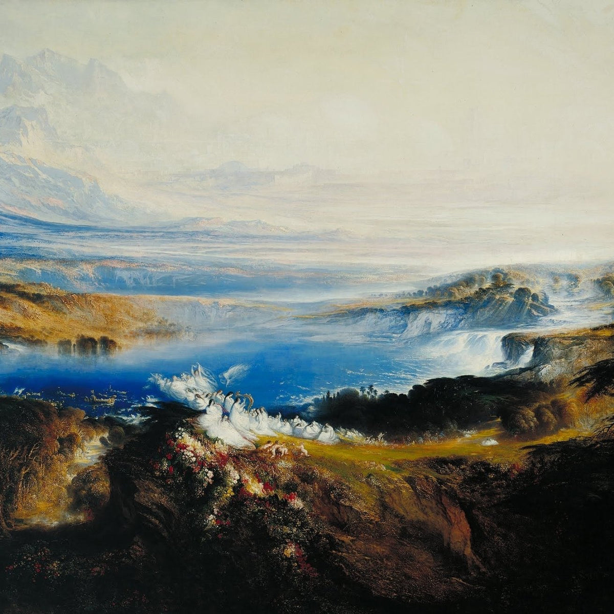 Romantic Lake and Mountain Vista with Swans - Landscape Oil Painting - Oil Painting Haven