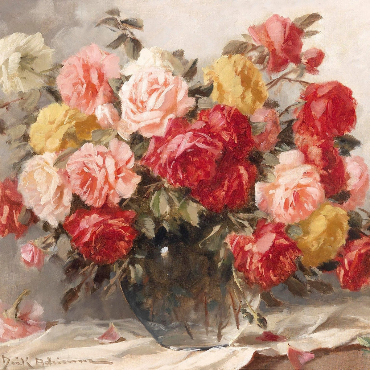 Romantic Red and Pink Roses in Glass Vase – Floral Oil Painting - Oil Painting Haven