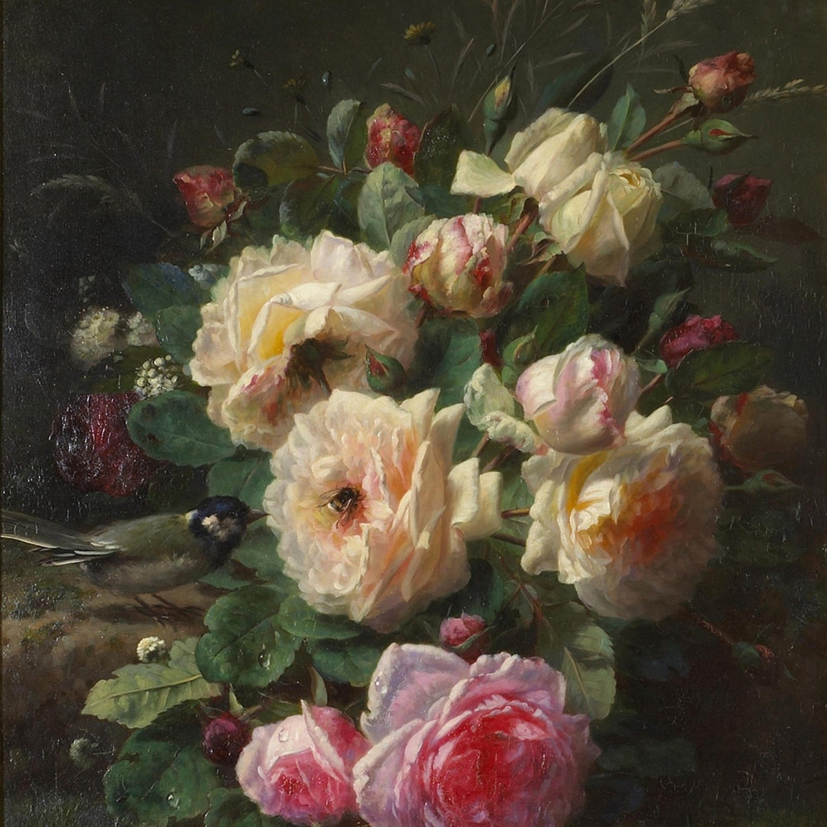 Romantic Rose Bouquet with Bird Accent – Floral Oil Painting - Oil Painting Haven