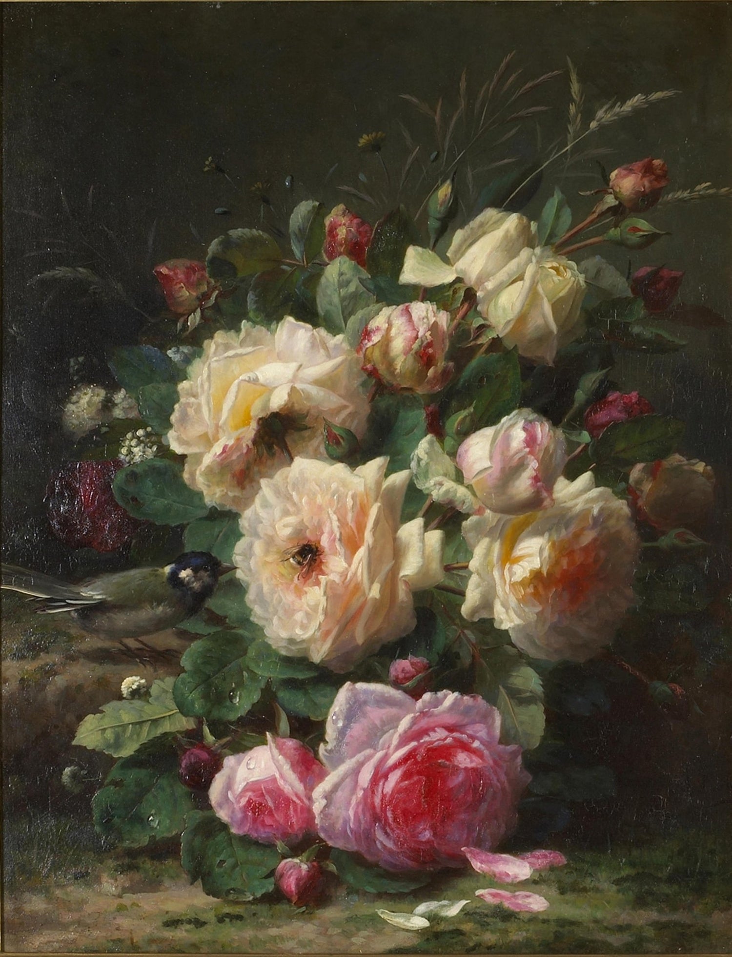 Romantic Rose Bouquet with Bird Accent – Floral Oil Painting - Oil Painting Haven