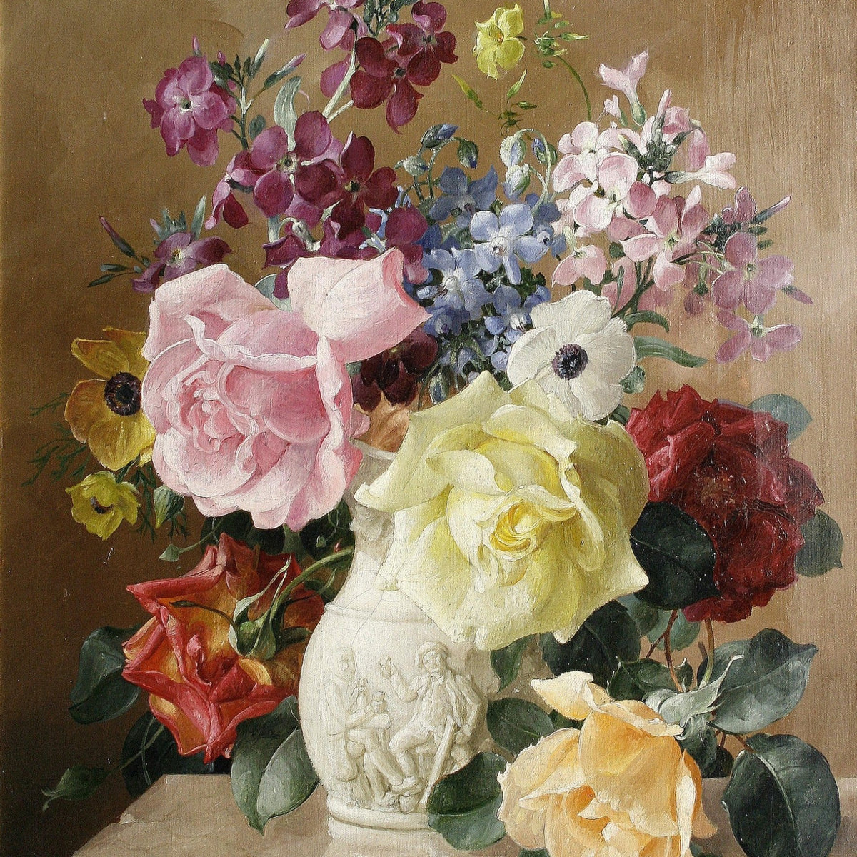Roses and Garden Flowers in Classic Vase – Floral Oil Painting - Oil Painting Haven