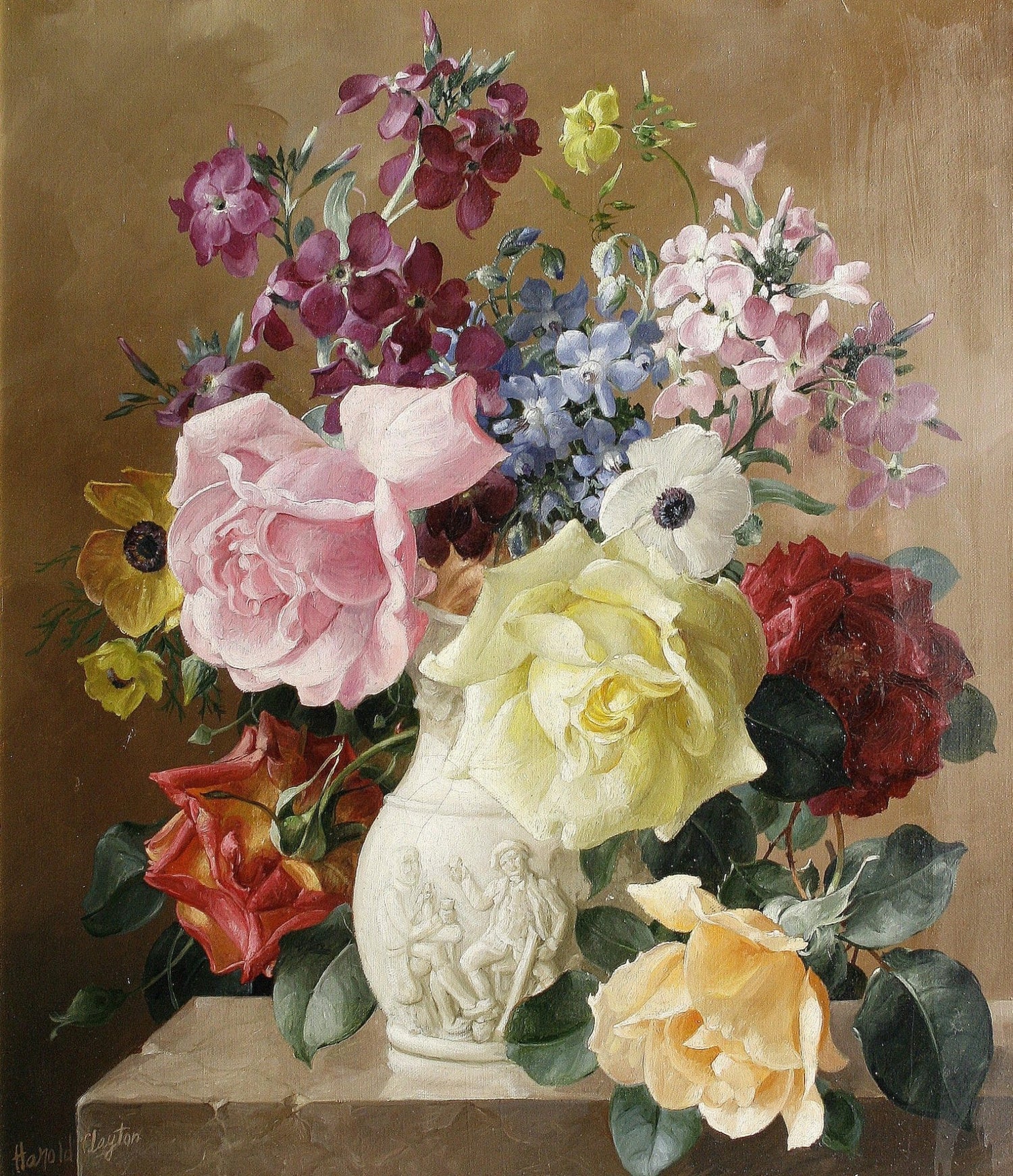Roses and Garden Flowers in Classic Vase – Floral Oil Painting - Oil Painting Haven
