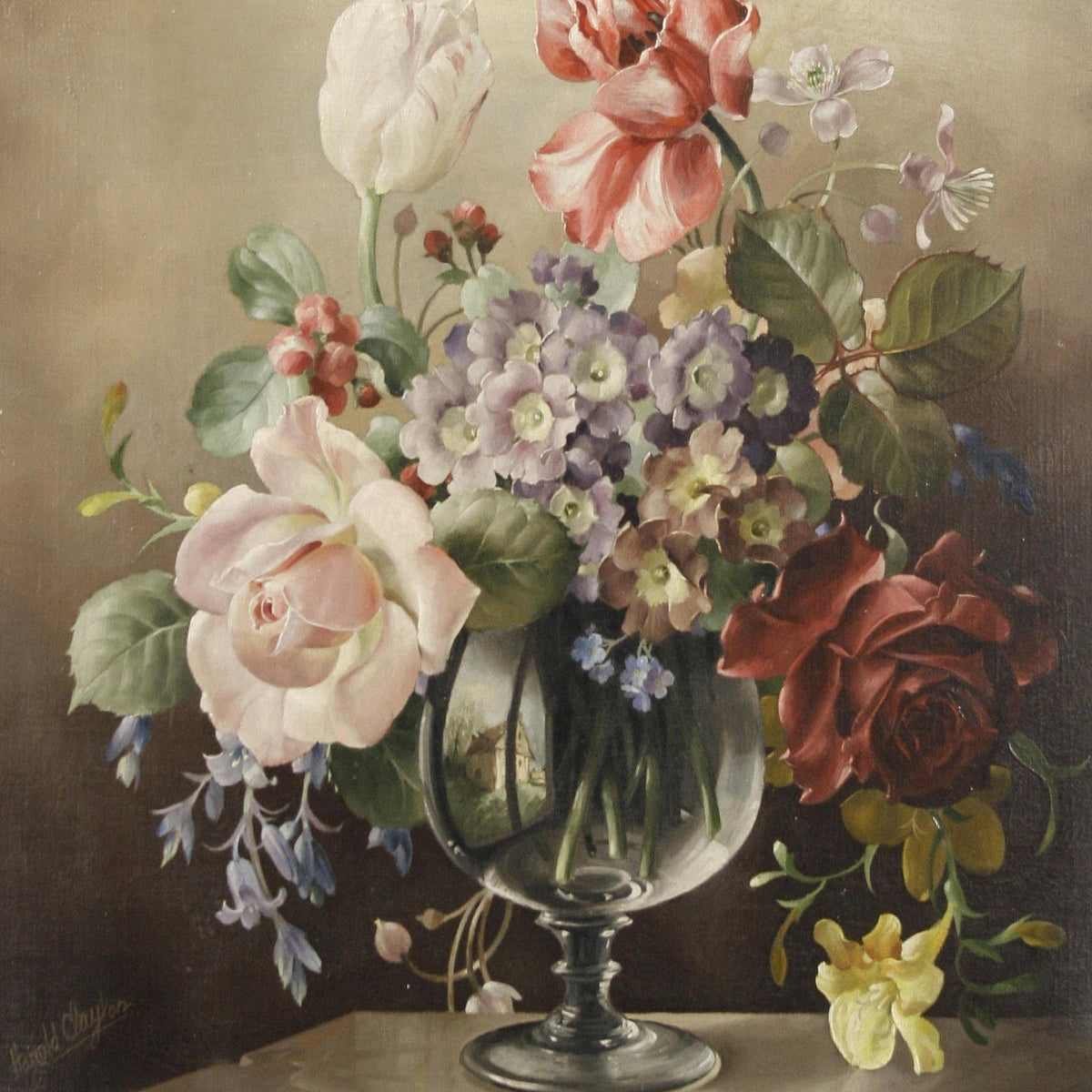 Roses and Tulips in Glass Vase Still Life – Floral Oil Painting - Oil Painting Haven