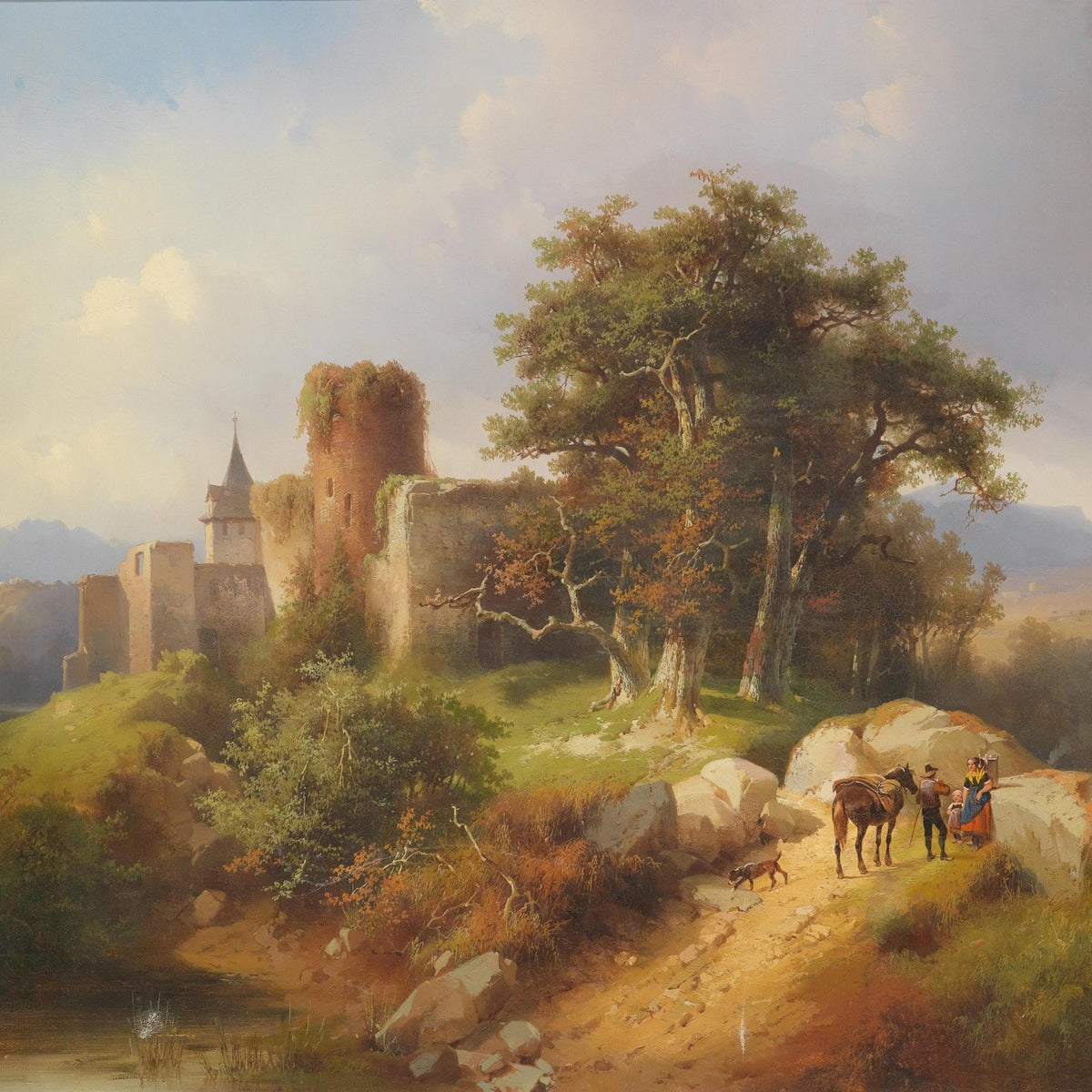 Ruined Castle Landscape with Travelers, Path – Landscape Oil Painting - Oil Painting Haven