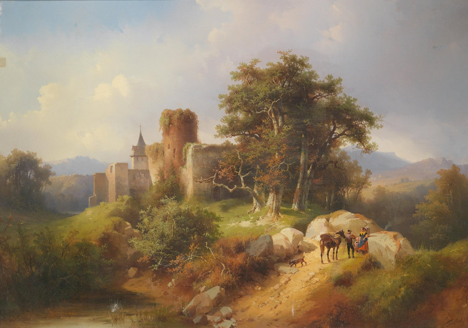 Ruined Castle Landscape with Travelers, Path – Landscape Oil Painting - Oil Painting Haven
