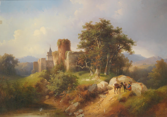 Ruined Castle Landscape with Travelers, Path – Landscape Oil Painting - Oil Painting Haven