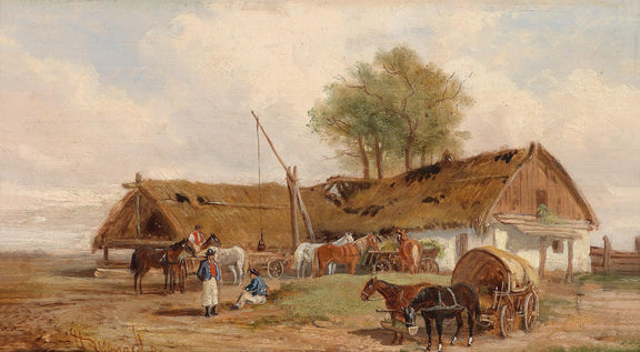 Rural Farmyard, Horses, Figures – Hand - Painted Landscape Oil Painting - Oil Painting Haven