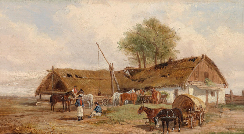 Rural Farmyard, Horses, Figures – Hand - Painted Landscape Oil Painting - Oil Painting Haven