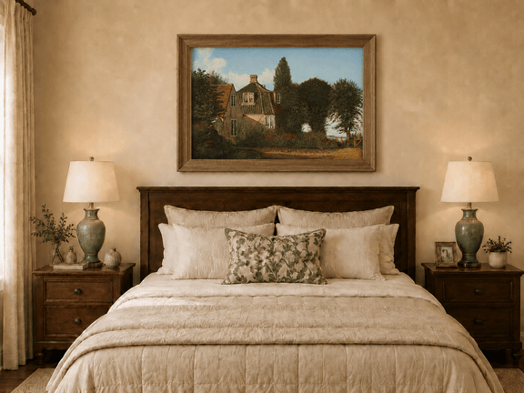 Framed hand-painted rural cottage oil painting with half-timbered walls, tiled roofs and trees displayed above a wooden bed in a neutral bedroom.