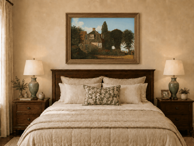 Framed hand-painted rural cottage oil painting with half-timbered walls, tiled roofs and trees displayed above a wooden bed in a neutral bedroom.