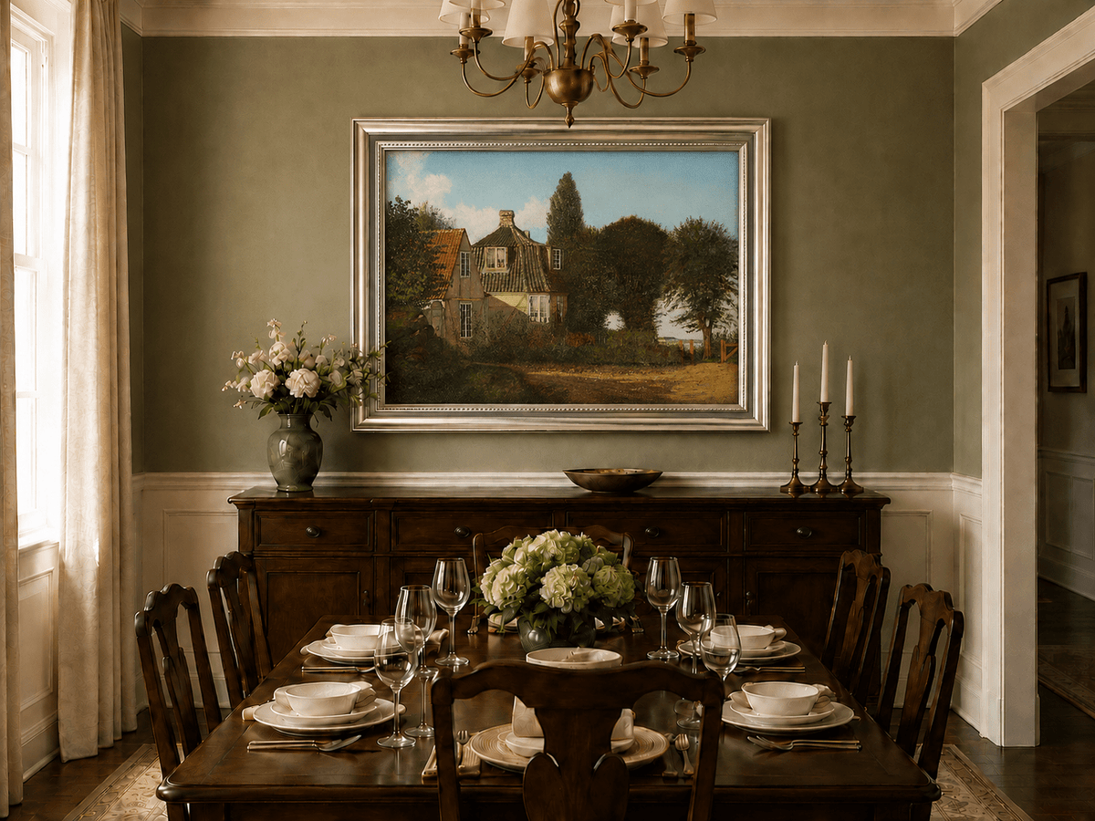 Framed hand-painted rural cottage oil painting with half-timbered walls, tiled roofs and trees displayed above a formal dining table.