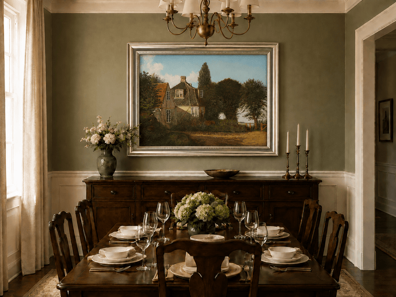Framed hand-painted rural cottage oil painting with half-timbered walls, tiled roofs and trees displayed above a formal dining table.