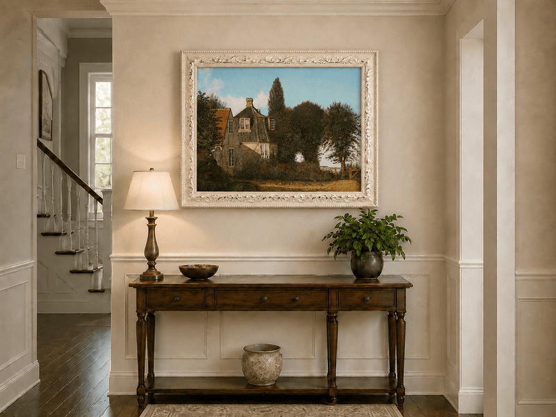 Framed hand-painted rural cottage oil painting with half-timbered walls, tiled roofs and trees displayed above an entryway console table.