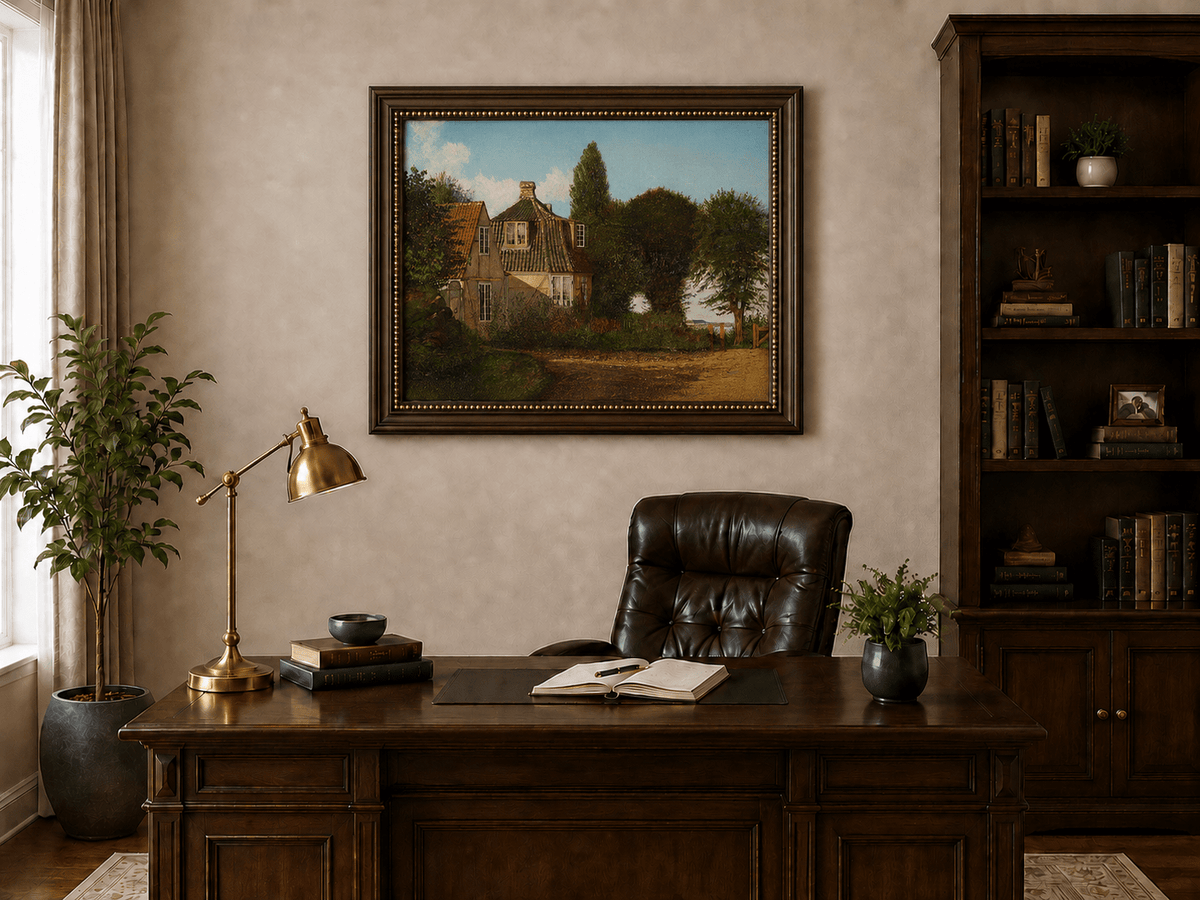 Framed hand-painted rural cottage oil painting with half-timbered walls, tiled roofs and trees displayed above a traditional home office desk.
